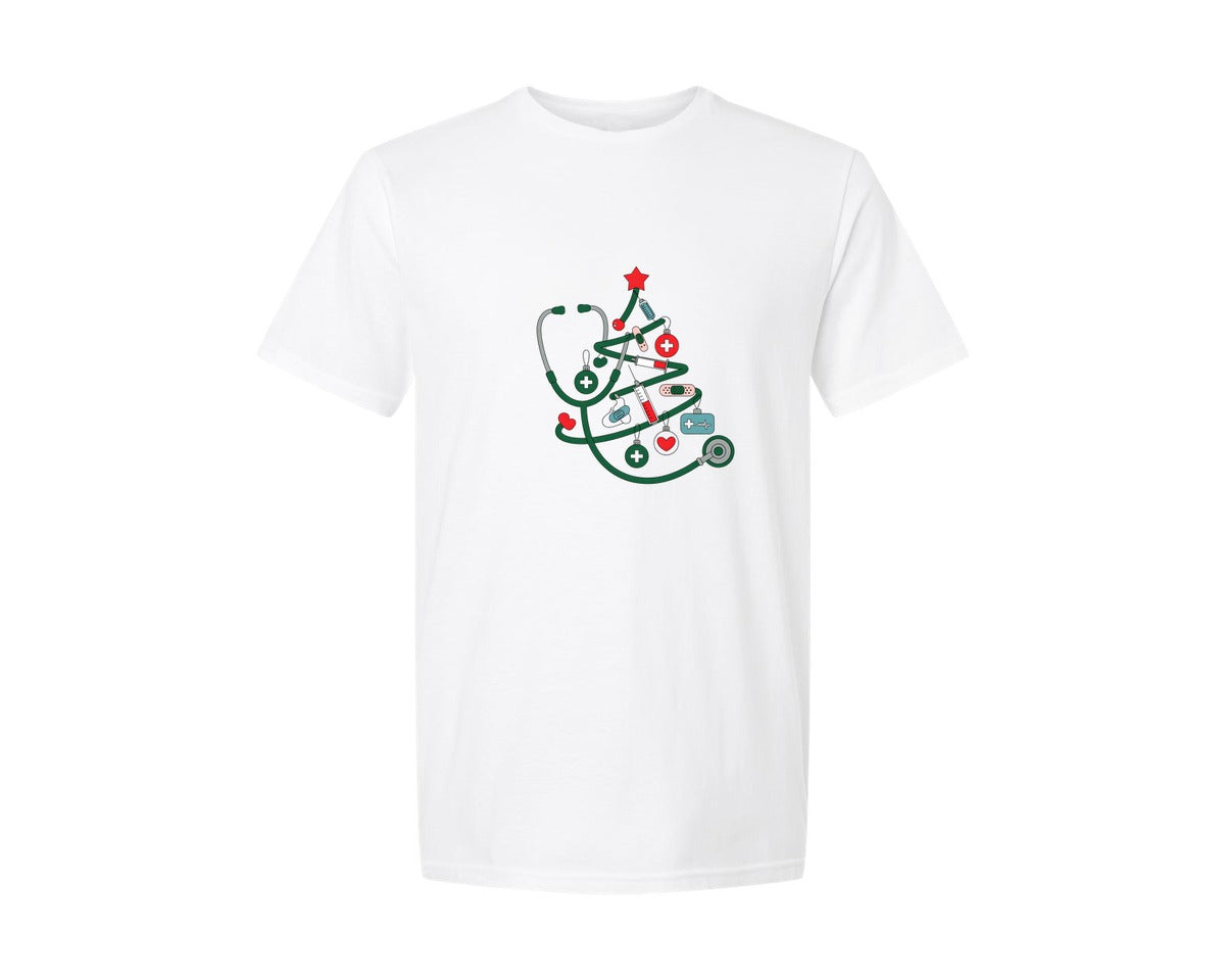 brand:Generic|color:White|Stethoscope Christmas Tree Nurse Design Graphic T-Shirt
