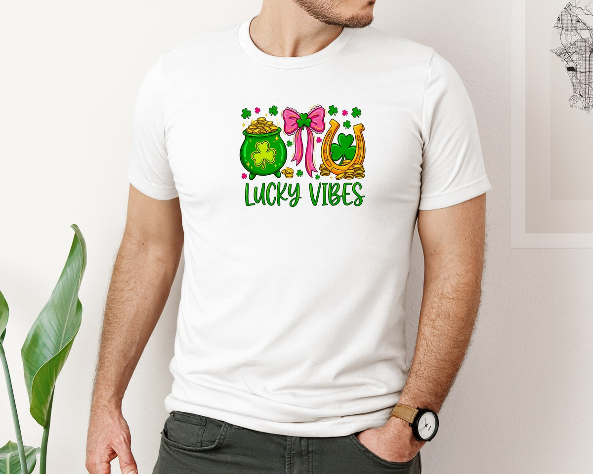 brand:Bella Canvas|color:White|Lucky Vibes St Patricks Day 13 Graphic T-Shirt