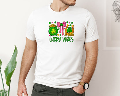 brand:Bella Canvas|color:White|Lucky Vibes St Patricks Day 13 Graphic T-Shirt