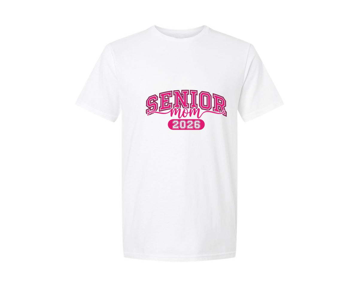 brand:Generic|color:White|Bold Pink Senior Mom 2026 Graphic T-Shirt