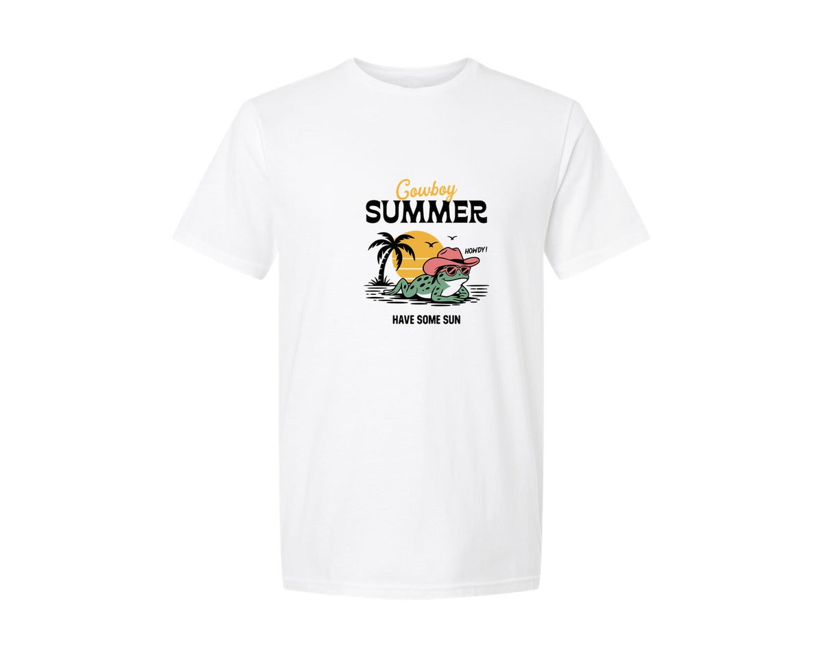 brand:Generic|color:White|Funny Western Summer Cowboy Frog Graphic T-Shirt
