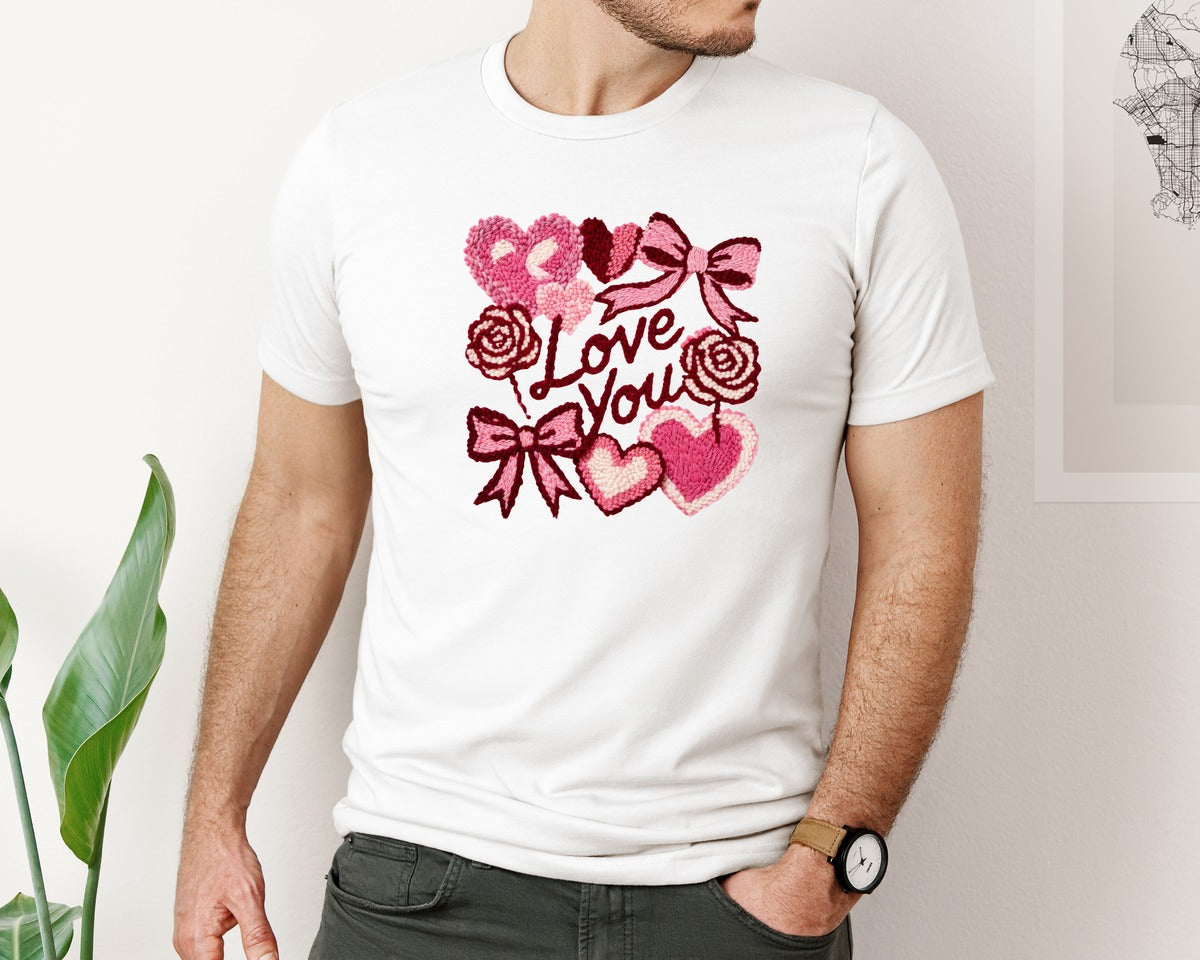 brand:Bella Canvas|color:White|Valentine Faux Latch Hook Graphic T-Shirt