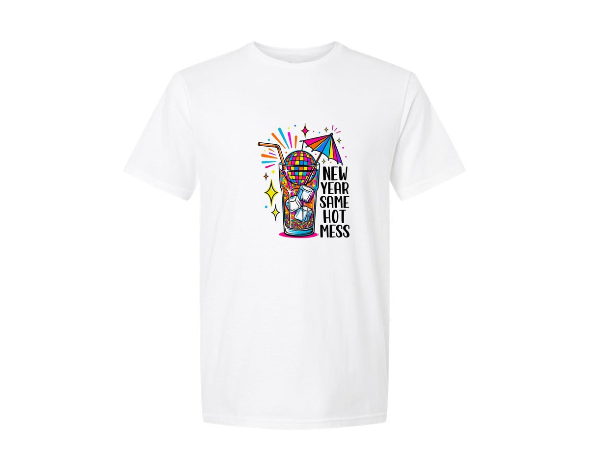 brand:Generic|color:White|New Year Hot Mess Funny Martini Graphic T-Shirt