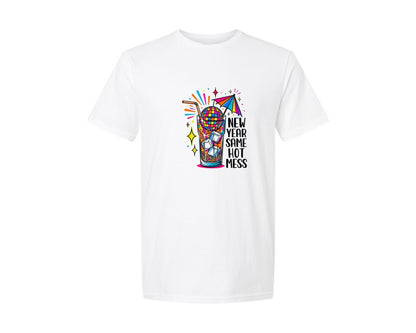 brand:Generic|color:White|New Year Hot Mess Funny Martini Graphic T-Shirt