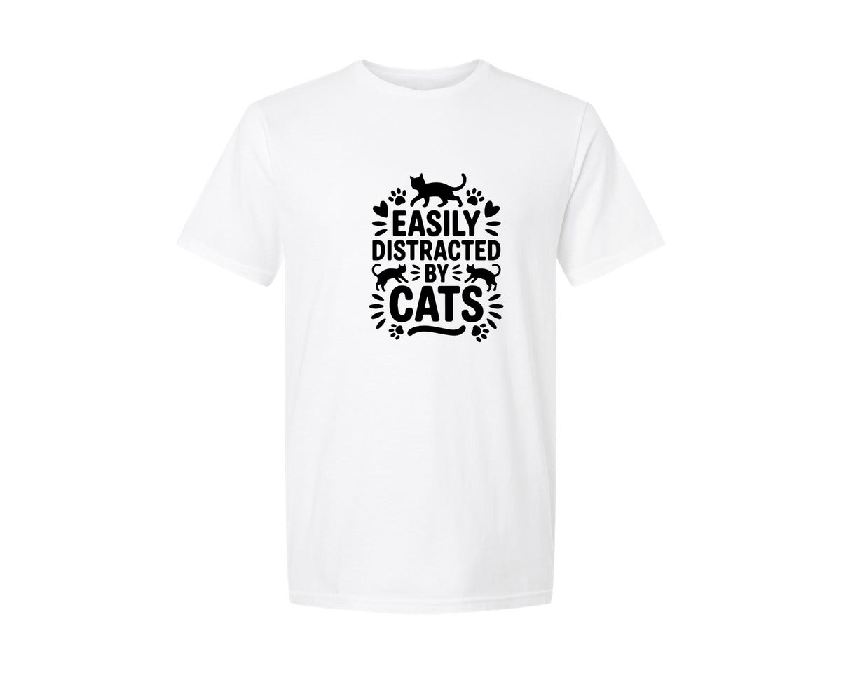 brand:Generic|color:White|Easily Distracted By Cats Funny Cat Graphic T-Shirt