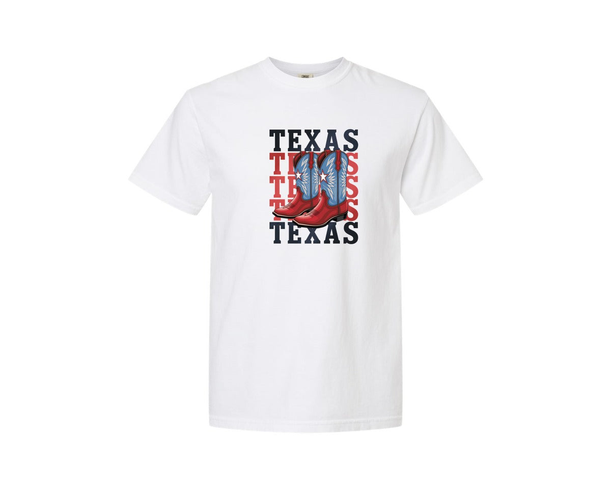 brand:Comfort Colors|color:White|Texas Cowboy Boots Western Rodeo 4 Graphic T-Shirt