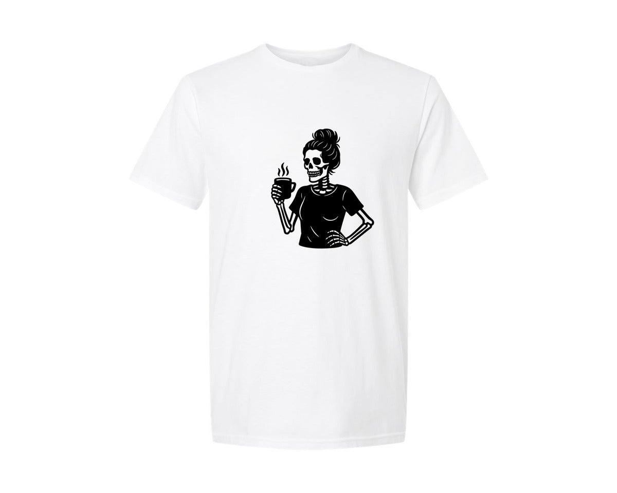 brand:Generic|color:White|Skeleton Woman Messy Bun Drinking Coffee Graphic T-Shirt