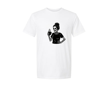 brand:Generic|color:White|Skeleton Woman Messy Bun Drinking Coffee Graphic T-Shirt