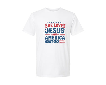 brand:Generic|color:White|She Loves Jesus Rustic Usa Design Graphic T-Shirt