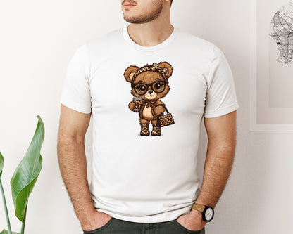 brand:Bella Canvas|color:White|Fashion Bear Cute Teddy With Coffee Graphic T-Shirt