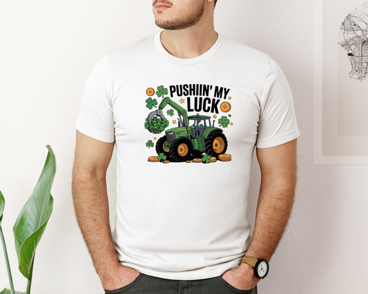 Pushin My Luck St Patrick Tractor Graphic T-Shirt