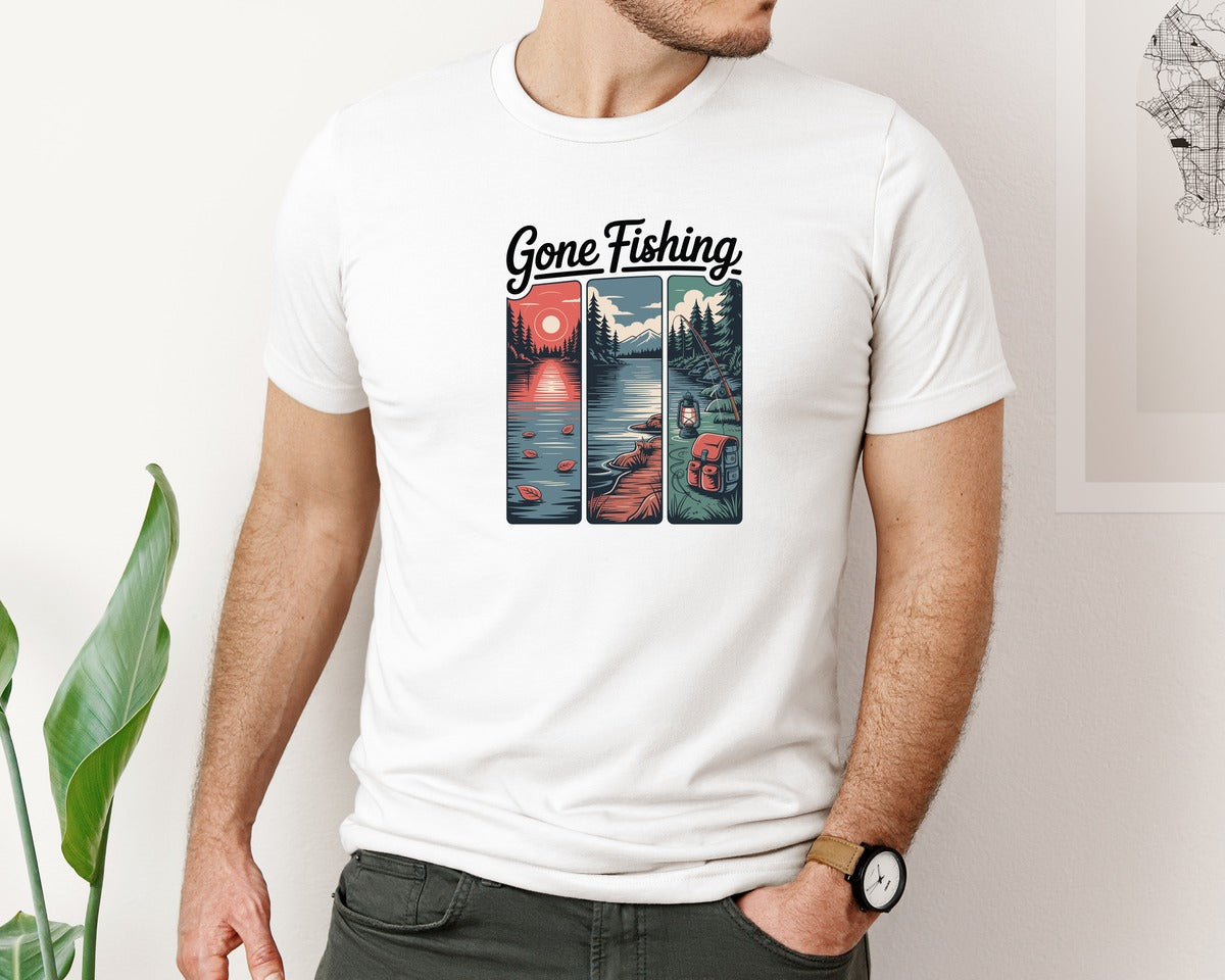 brand:Bella Canvas|color:White|Gone Fishing Lake Adventure Design Graphic T-Shirt