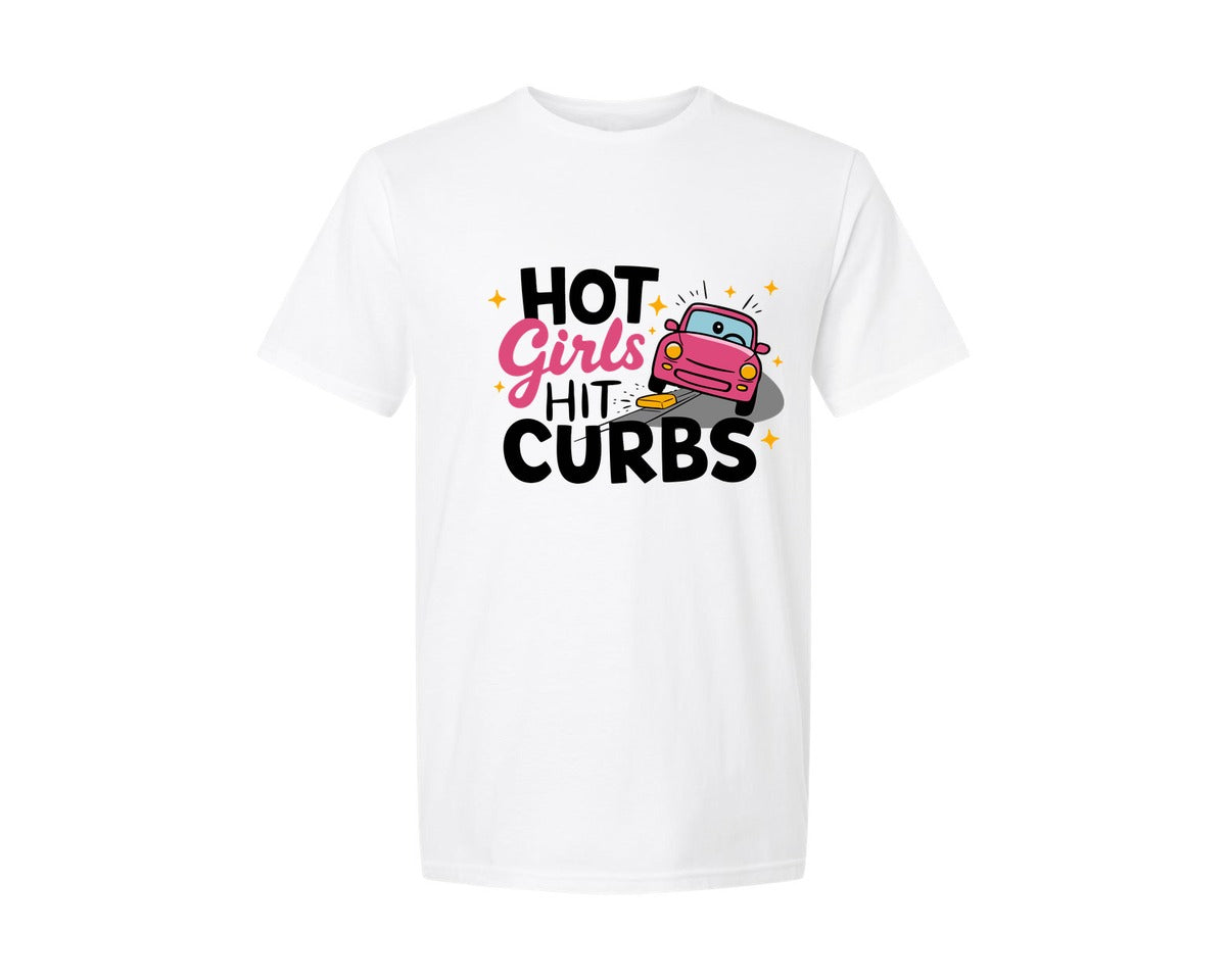 brand:Generic|color:White|Hot Girls Hit Curbs Funny Car 2 Graphic T-Shirt