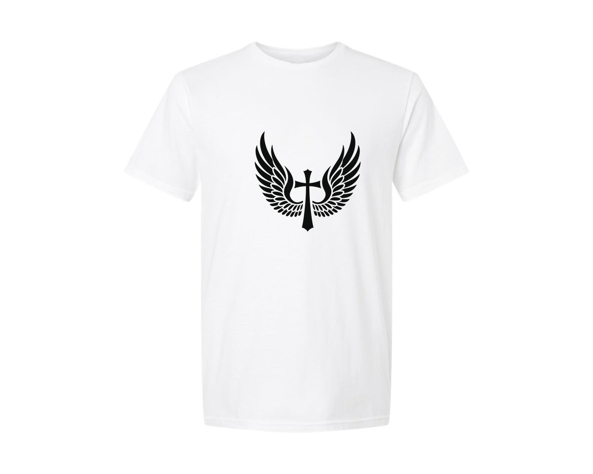 brand:Generic|color:White|Angel Wings Cross Symbol Graphic T-Shirt