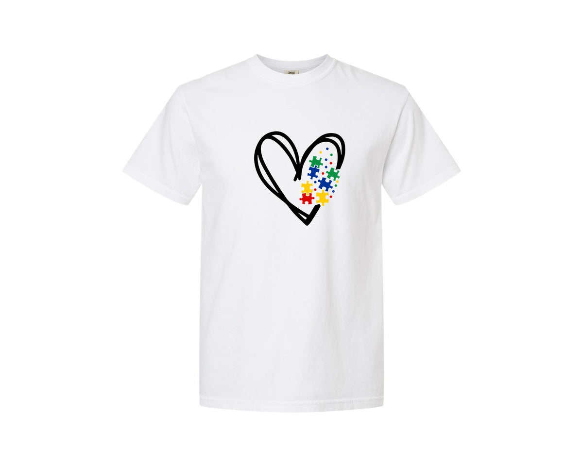 brand:Comfort Colors|color:White|Autism Heart Autism Puzzle Graphic T-Shirt