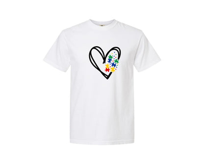 brand:Comfort Colors|color:White|Autism Heart Autism Puzzle Graphic T-Shirt