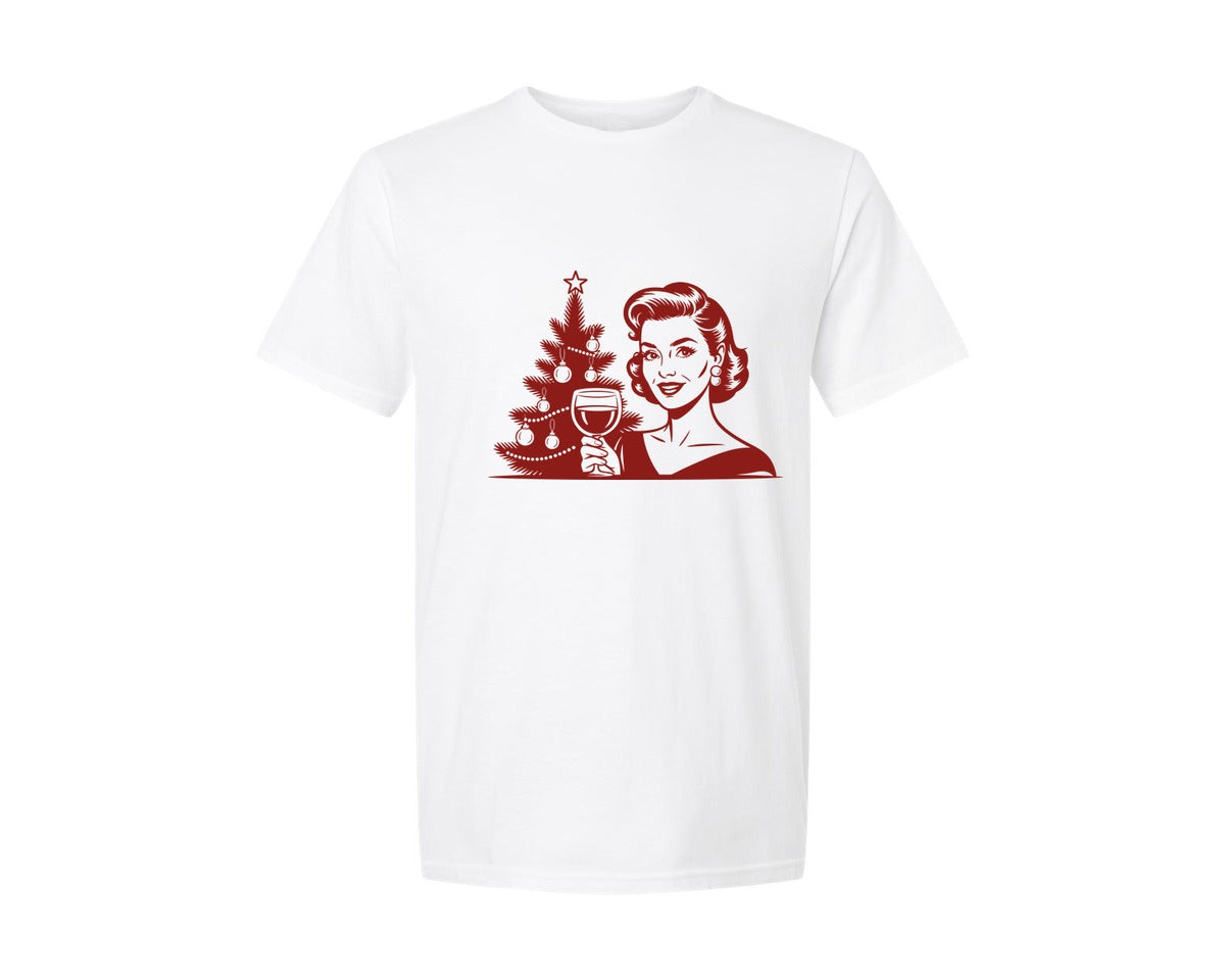 brand:Generic|color:White|Retro Christmas Woman With Wine Glass Graphic T-Shirt