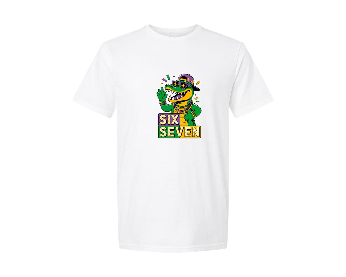 brand:Generic|color:White|Mardi Gras Gator Six Seven Graphic T-Shirt