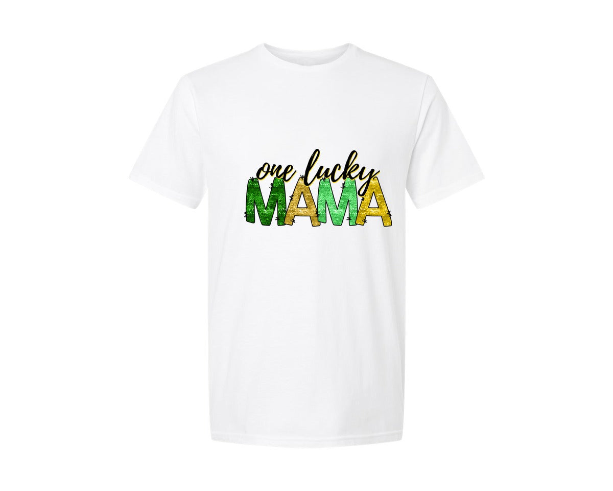 brand:Generic|color:White|Sequin One Lucky Mama Sleeve Graphic T-Shirt