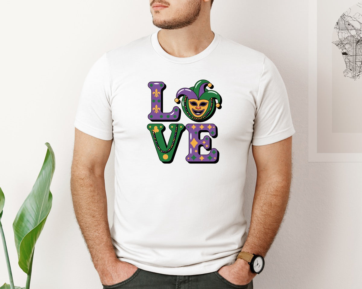 brand:Bella Canvas|color:White|Faux Yarn Mardi Gras Love 3 Graphic T-Shirt