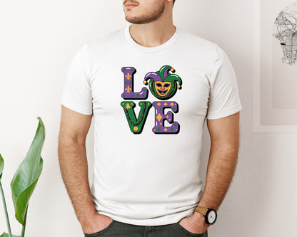 brand:Bella Canvas|color:White|Faux Yarn Mardi Gras Love 3 Graphic T-Shirt