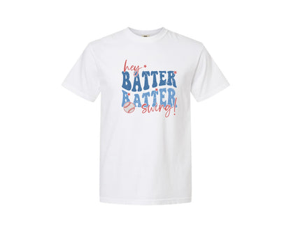 brand:Comfort Colors|color:White|Retro Baseball Hey Batter Batter Swing Graphic T-Shirt