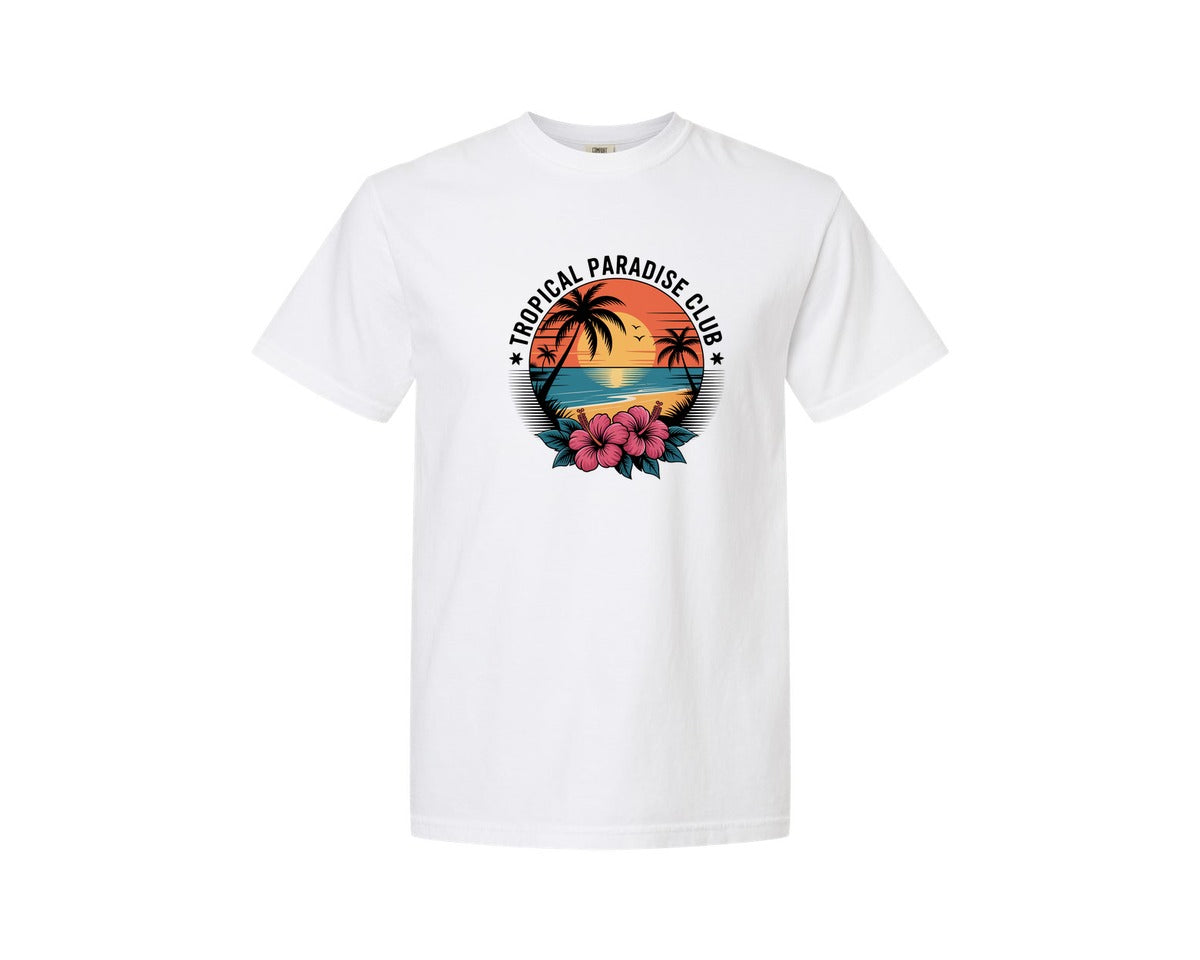 brand:Comfort Colors|color:White|Tropical Paradise Club Beach Scene Graphic T-Shirt