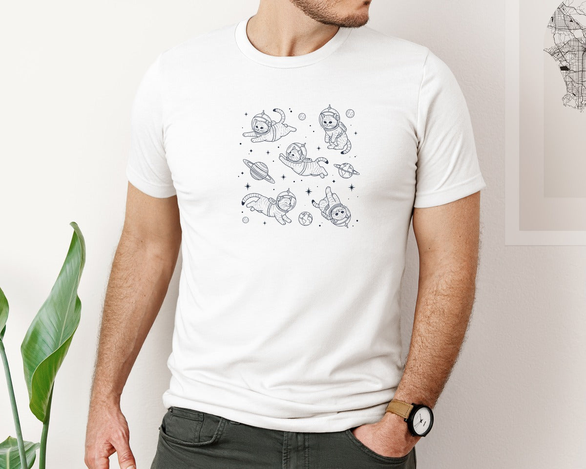 brand:Bella Canvas|color:White|Cute Astronaut Cats Graphic T-Shirt