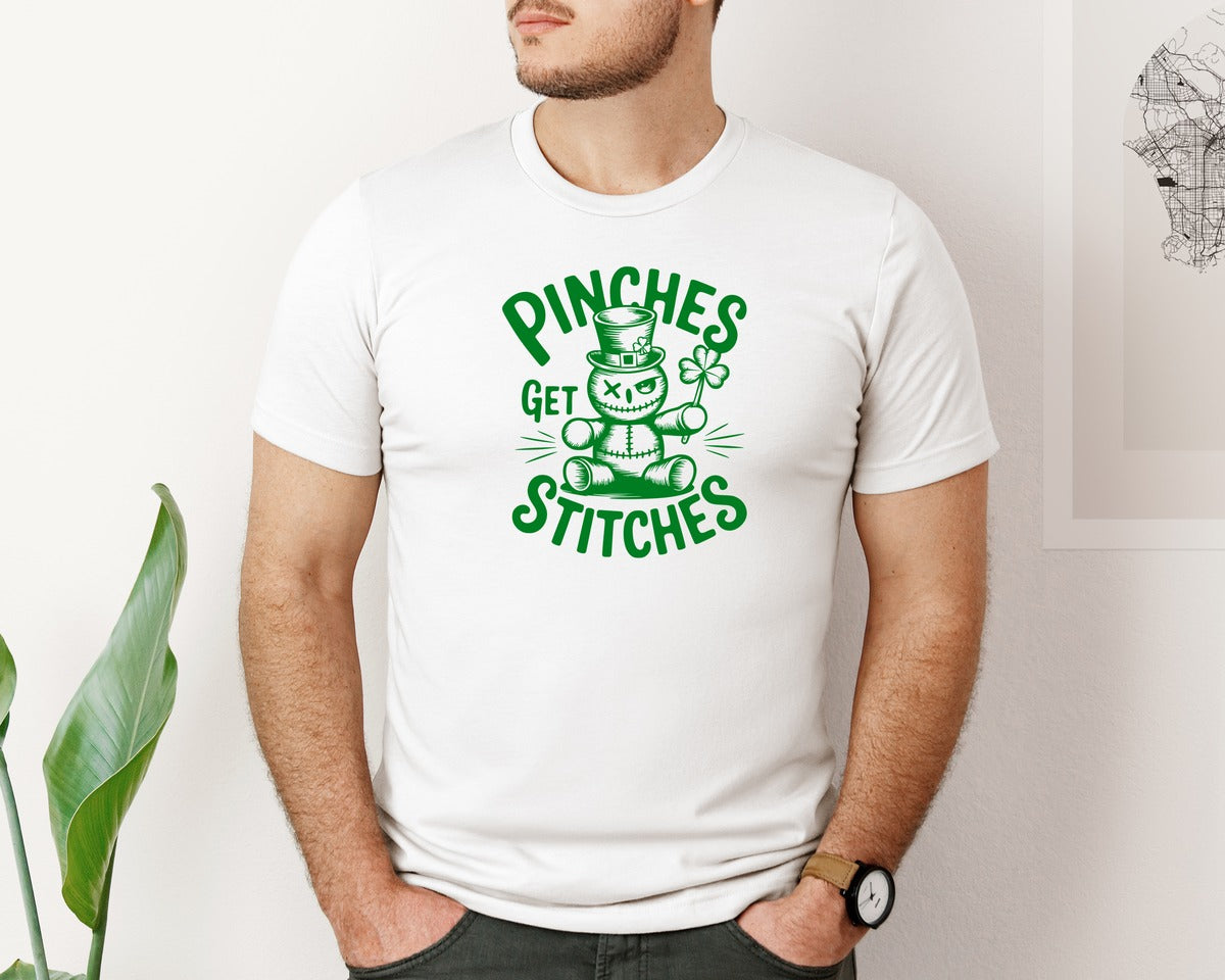 brand:Bella Canvas|color:White|Pinches Get Stitches Funny St Patri Graphic T-Shirt