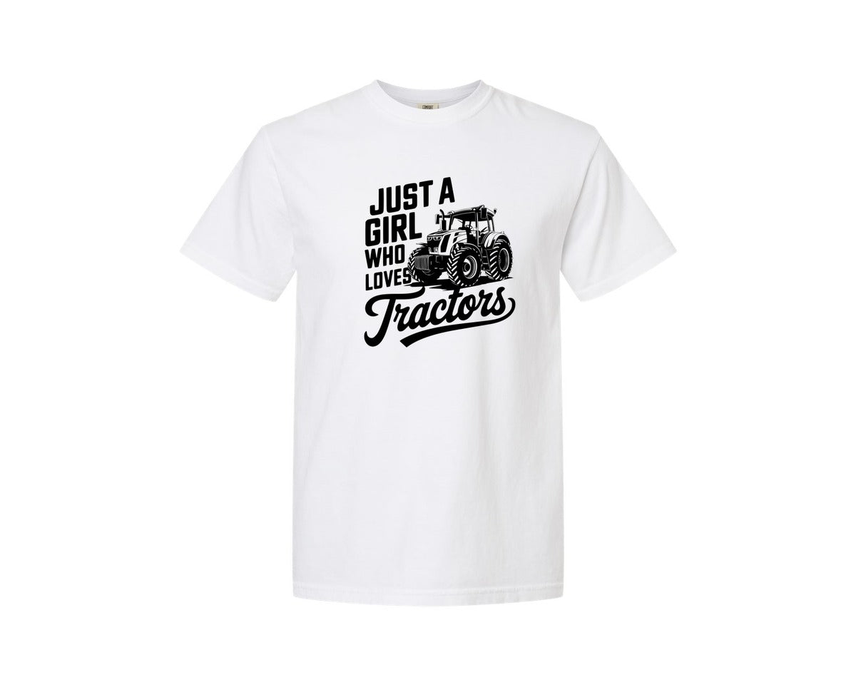 brand:Comfort Colors|color:White|Just A Girl Who Loves Tractors T Shi Graphic T-Shirt