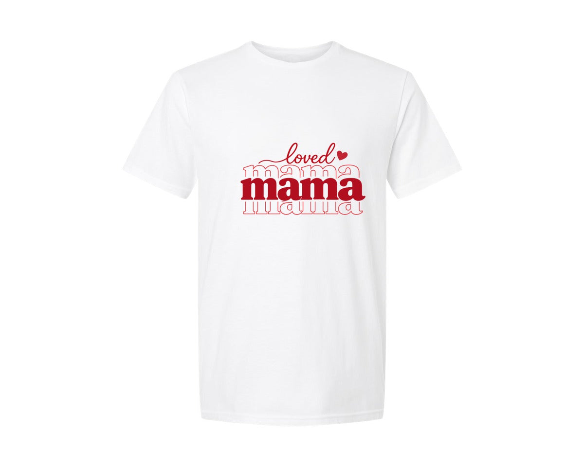 brand:Generic|color:White|Loved Mama Typography Design Graphic T-Shirt
