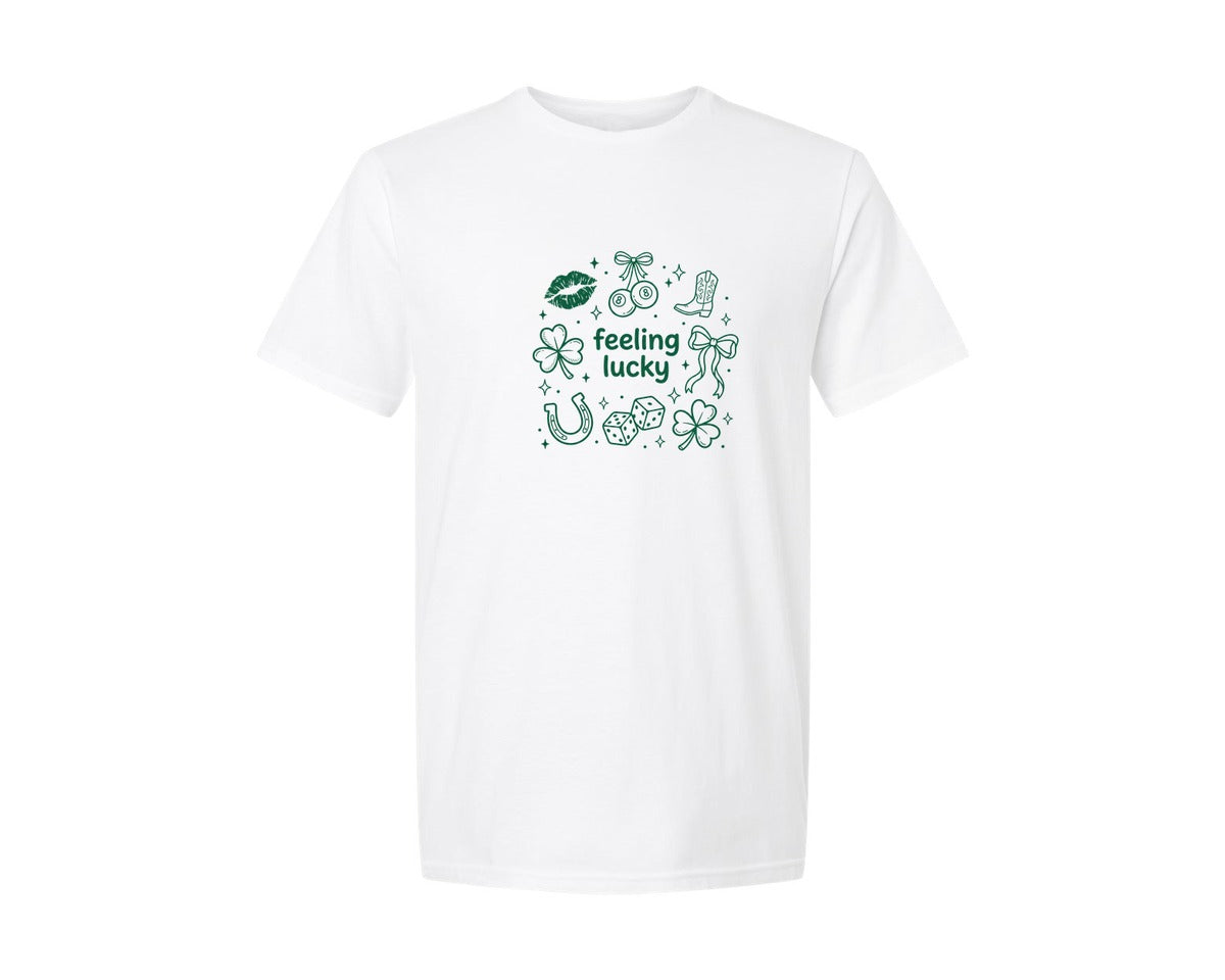 brand:Generic|color:White|Feeling Lucky St Patricks Icons Graphic T-Shirt