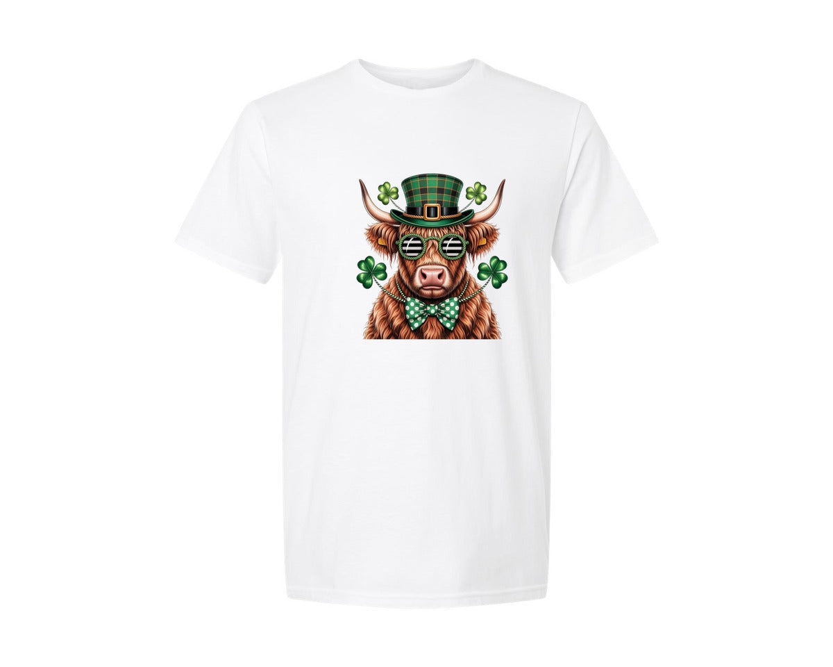 brand:Generic|color:White|Crochet Lucky Highland Cow St Patrick Graphic T-Shirt