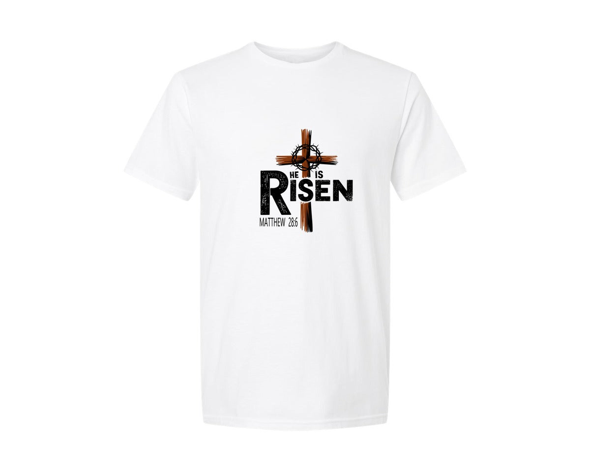 brand:Generic|color:White|He Is Risen Cross Scripture Graphic T-Shirt