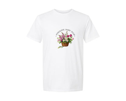 brand:Generic|color:White|Foxglove Daisy Tulip Flower Basket Graphic T-Shirt