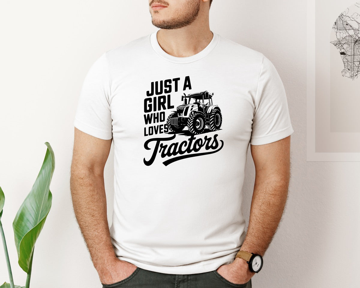 brand:Bella Canvas|color:White|Just A Girl Who Loves Tractors T Shi Graphic T-Shirt