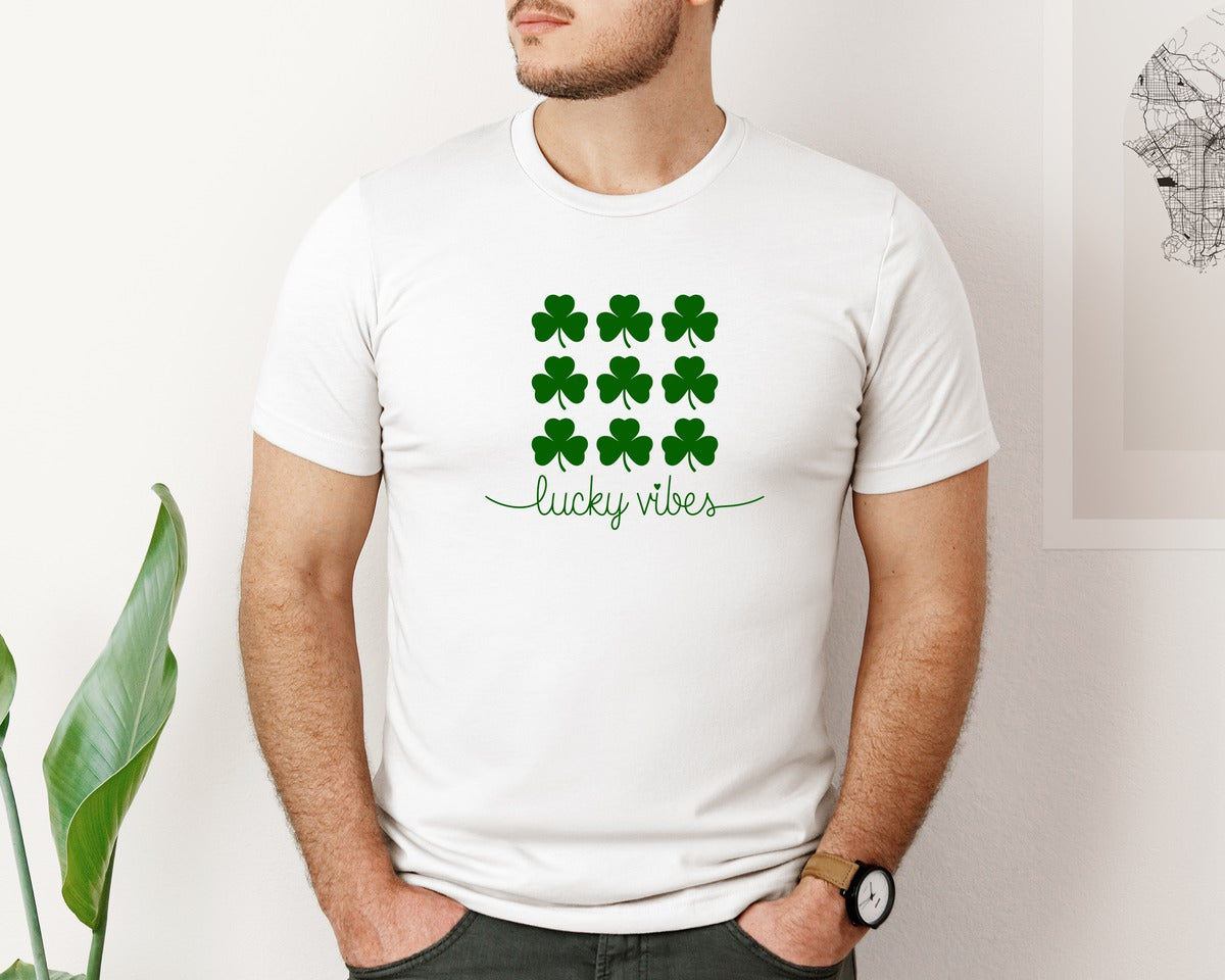 brand:Bella Canvas|color:White|Lucky Shamrock Grid Typography Art Graphic T-Shirt