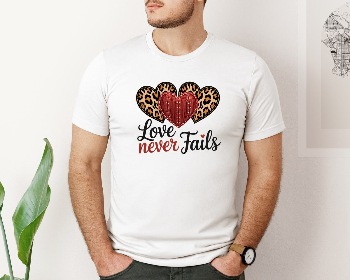 brand:Bella Canvas|color:White|Love Never Fails Faith Based Valentine Graphic T-Shirt