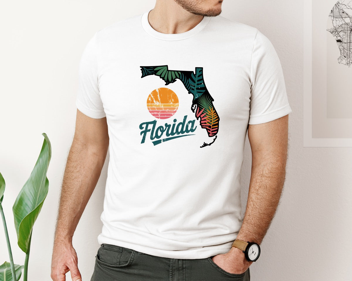 brand:Bella Canvas|color:White|Retro Tropical Florida Map Graphic T-Shirt
