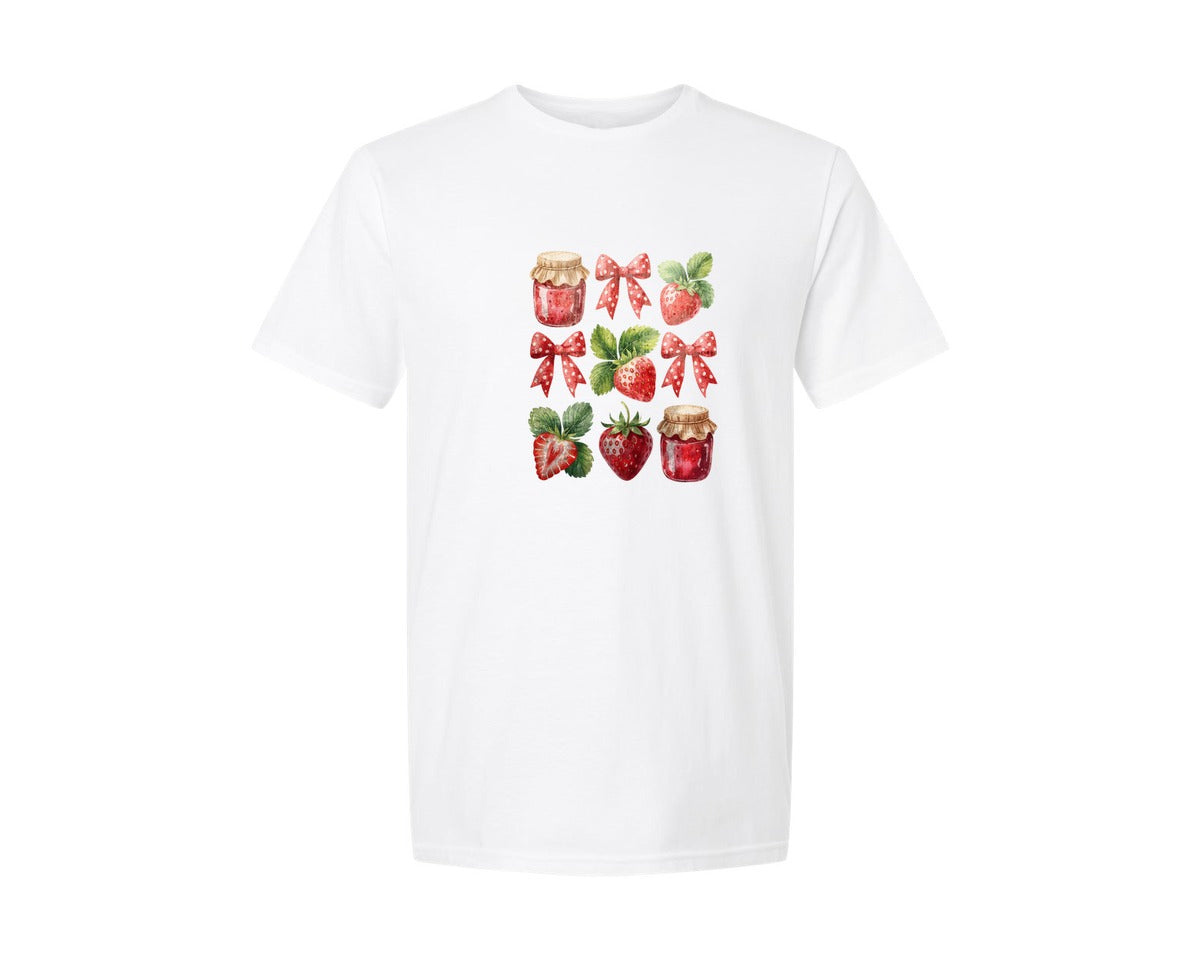 brand:Generic|color:White|Summer Strawberry Bow Festival Graphic T-Shirt