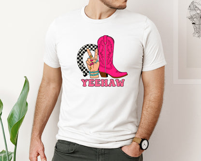 brand:Bella Canvas|color:White|Eehaw Horseshoe Checkered Western Graphic T-Shirt
