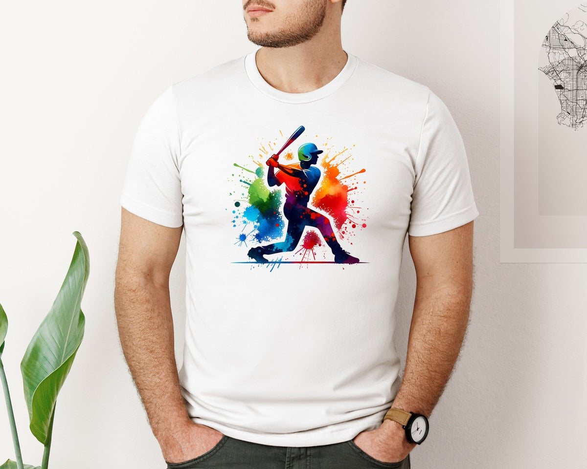 brand:Bella Canvas|color:White|Colorful Baseball Player Graphic T-Shirt