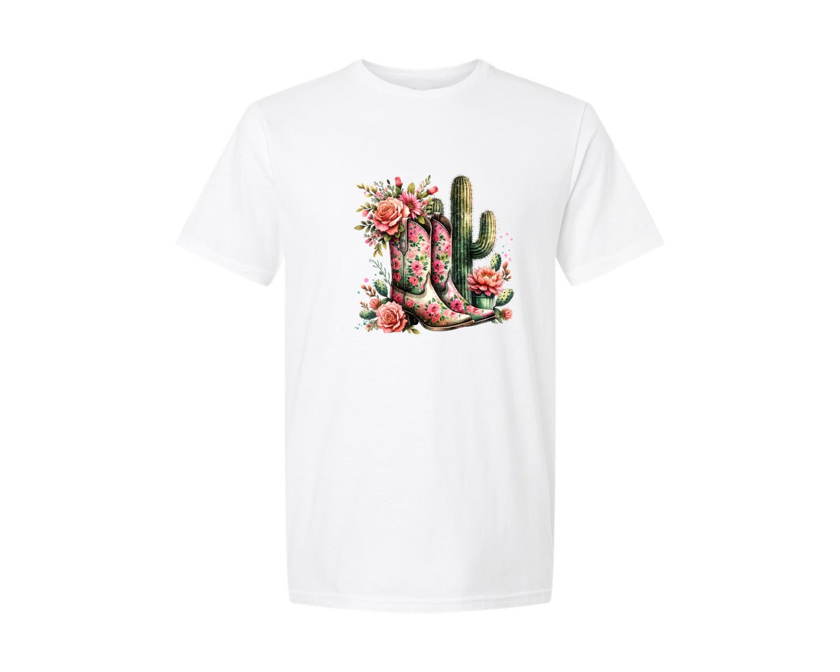 brand:Generic|color:White|Floral Cowgirl Boots Cactus Graphic T-Shirt