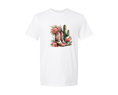 brand:Generic|color:White|Floral Cowgirl Boots Cactus Graphic T-Shirt