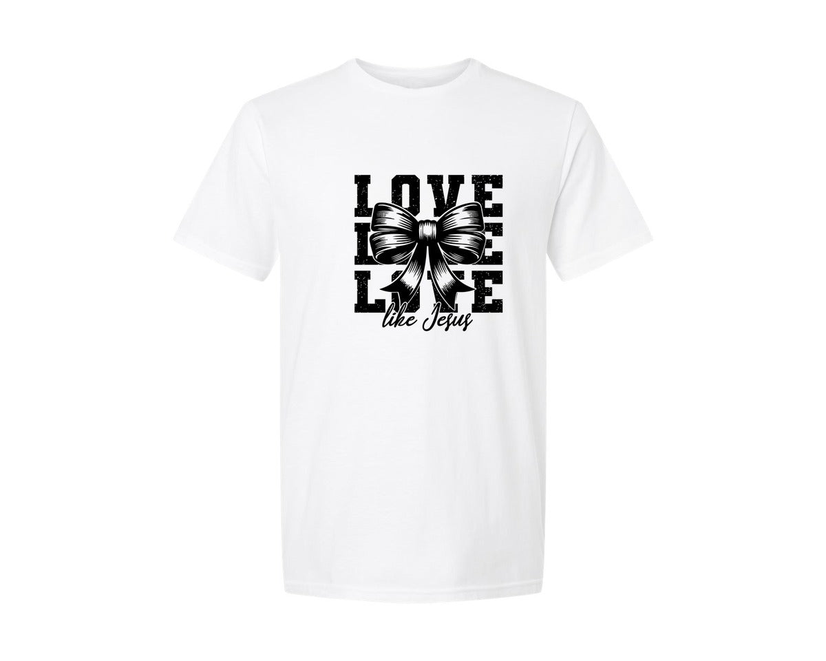 brand:Generic|color:White|Love Like Jesus Coquette Heart Bow Graphic T-Shirt