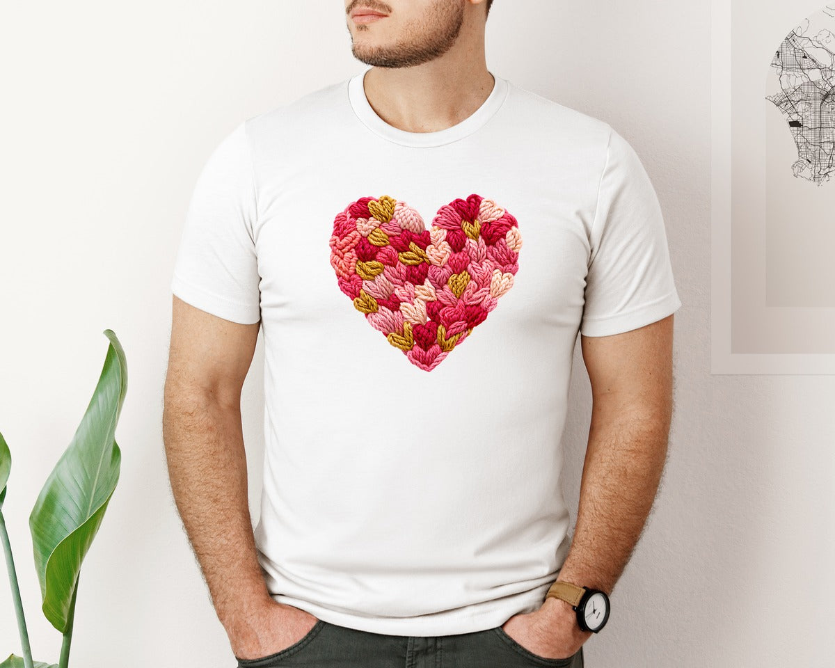 brand:Bella Canvas|color:White|Crochet Yarn Valentine Heart 4 Graphic T-Shirt