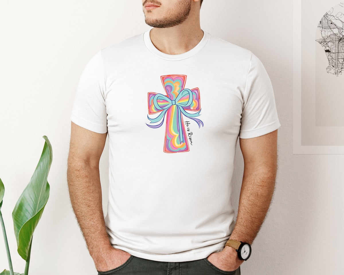 brand:Bella Canvas|color:White|Preppy Easter Pnghe Is Risen Pngeaster Graphic T-Shirt