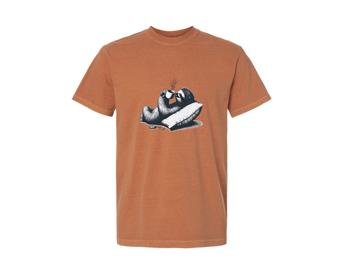 brand:Comfort Colors|color:Yam|Sloth Lying And Drink Coffee Shirt Graphic T-Shirt