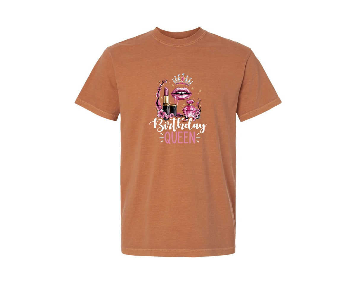 brand:Comfort Colors|color:Yam|Birthday Queen Glam Lips Makeup Sparkle Graphic T-Shirt