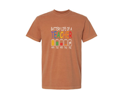 brand:Comfort Colors|color:Yam|Battery Life Of A Teacher Funny 3 Graphic T-Shirt